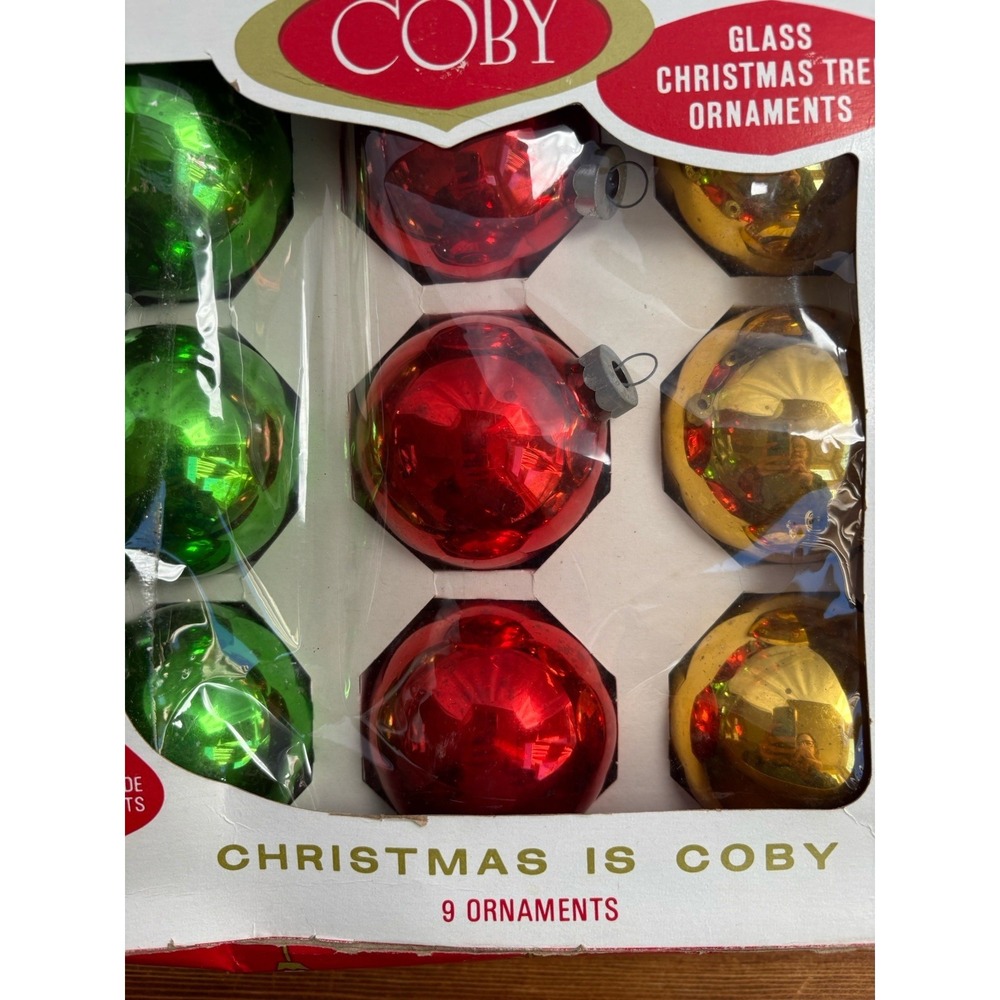 Coby Glass Christmas Tree Ornaments 9 Ct Red Green Gold Boxed USA - Picture 7 of 9